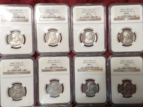 A SET OF 12 x 2000 RSA R5 COINS - MANDELA - NGC GRADED XF 40 TO MS 66 - IN PLASTIC BOX - RARE GRADES