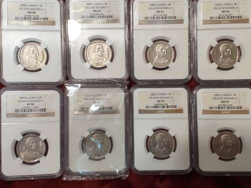 A SET OF 12 x 2000 RSA R5 COINS - MANDELA - NGC GRADED XF 40 TO MS 66 - IN PLASTIC BOX - RARE GRADES