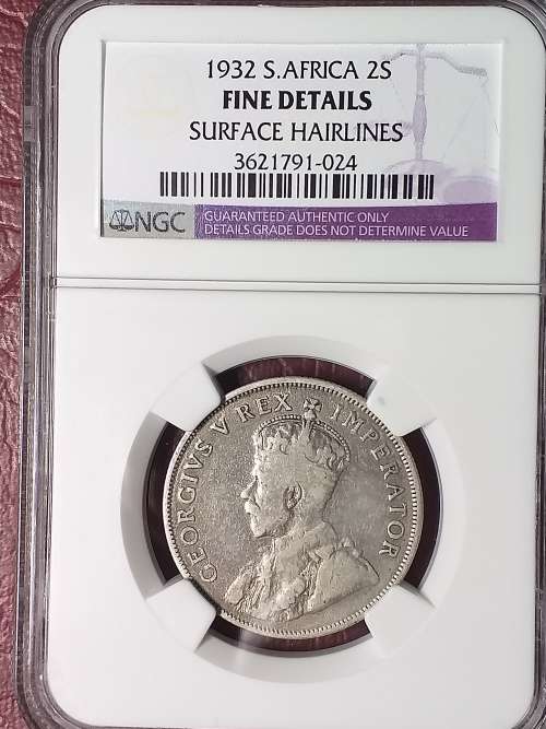 1932 SA UNION SILVER 2 SHILLINGS - NGC GRADED FINE DETAILS