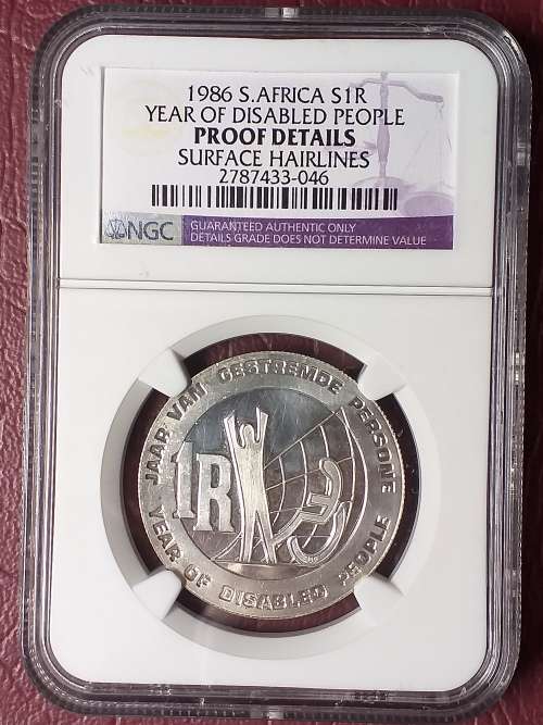 1986 RSA SILVER RAND - YEAR OF DISABLED PEOPLE - NGC GRADED PROOF DETAILS