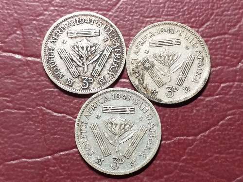 3 x 1941 SA UNION SILVER 3 PENCE - [Bid per coin to take all.]