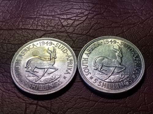 2 x 1949 SA UNION SILVER 5 SHILLINGS - [Bid per coin to take both]