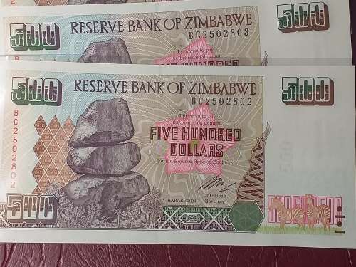 9 x ZIMBABWE 500 Dollar Notes IN SEQUENCE - MINT STATE