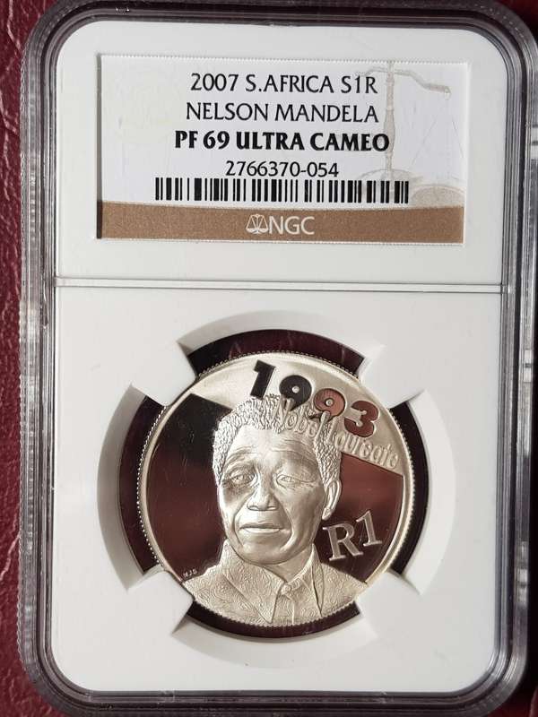 PF 69 ULTRA CAMEO NGC GRADED 2007 RSA SILVER R1 - NELSON MANDELA