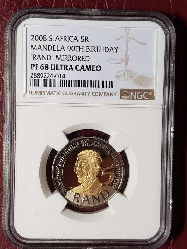 PF 68 ULTRA CAMEO NGC GRADED RSA 2008 R5 MIRRORED - MANDELA 90th BIRTHDAY
