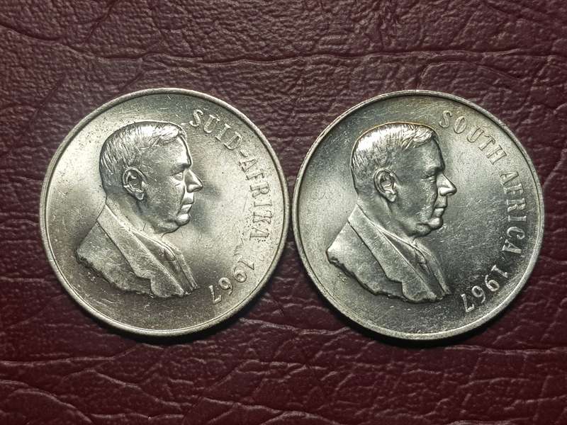 2 x 1967 RSA SILVER RANDS - AFR + ENG - [Bid per coin to take both.]