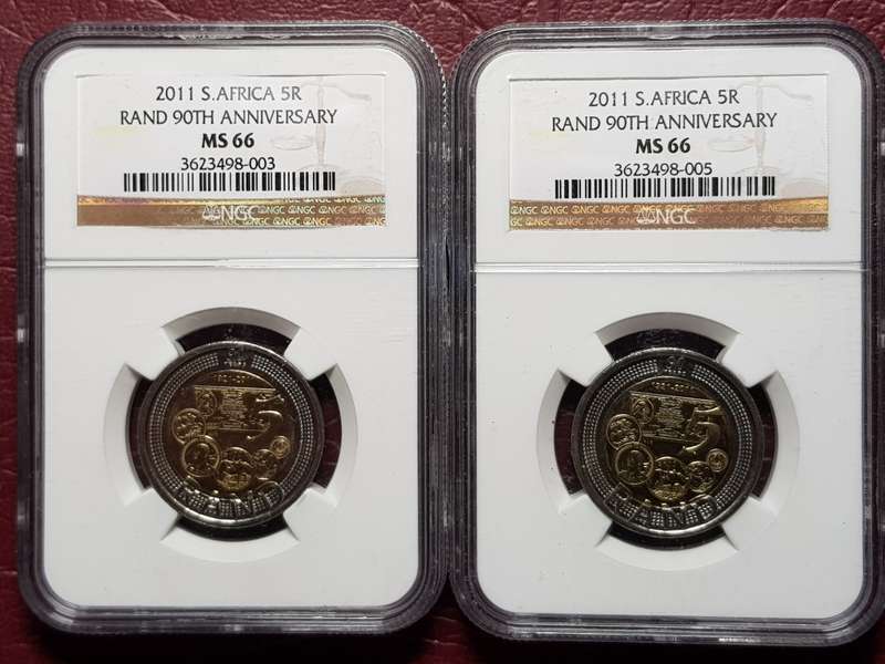 2 x 2011 RSA R5 90th ANNIVERSARY - NGC GRADED MS 66 - [Bid per coin to take both.]