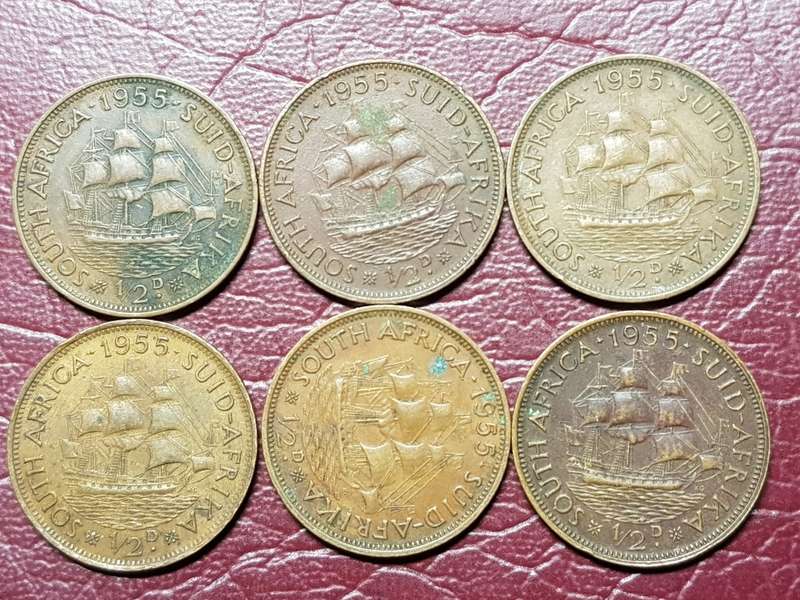 A LOT OF 6 x 1955 SA UNION HALF PENNIES - [Bid per coin to take all.]