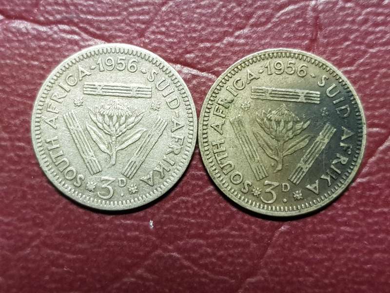 2 x 1956 SA UNION SILVER 3 PENCES - [Bid per coin to take both.]