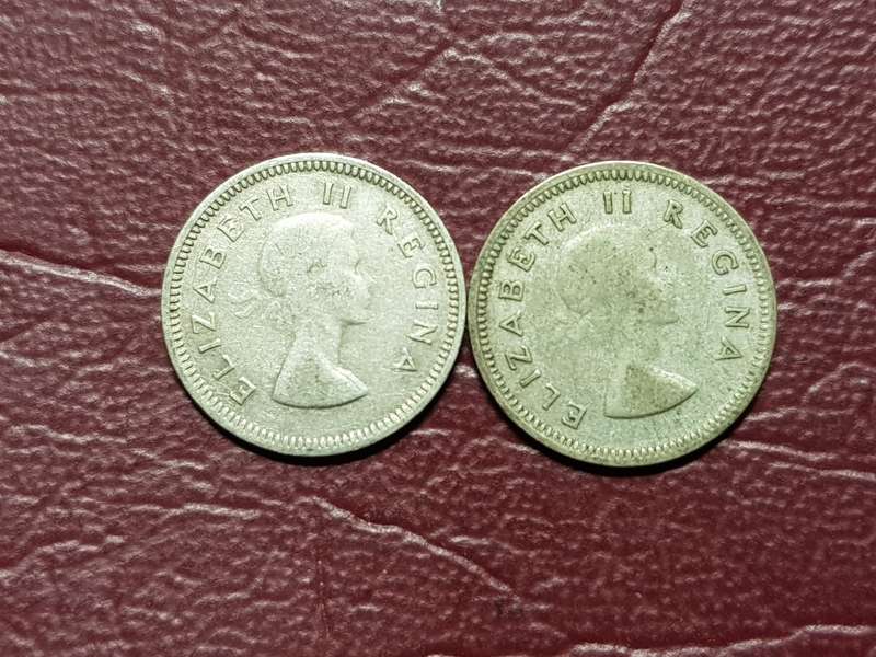 2 x 1956 SA UNION SILVER 3 PENCES - [Bid per coin to take both.]