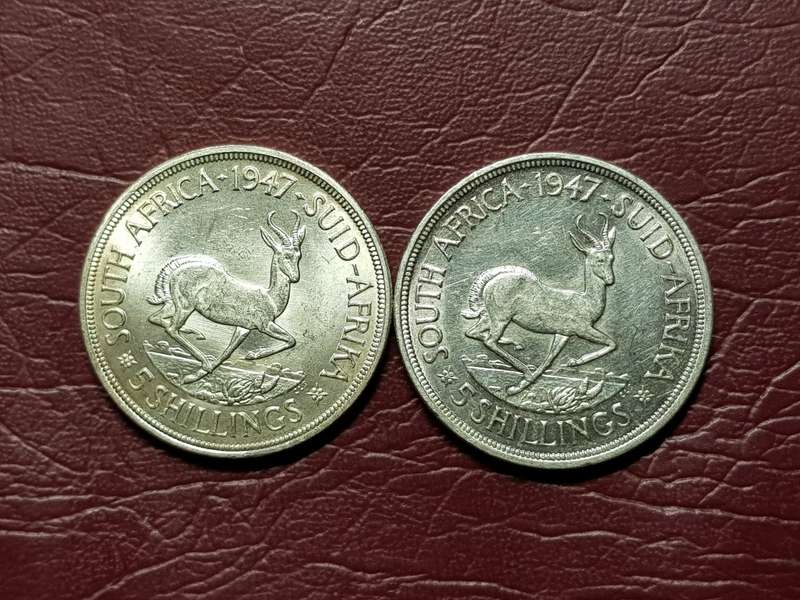 2 x 1947 SA Union Silver 5 Shillings - [Bid per coin to take both]