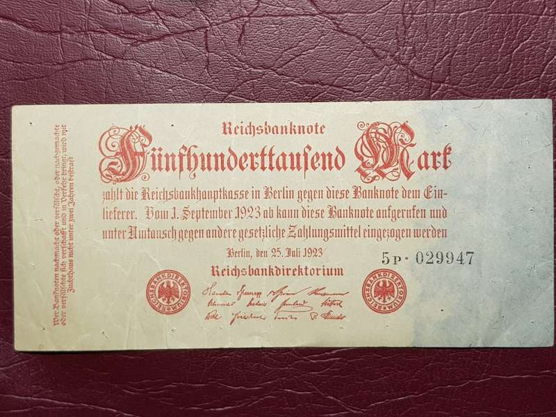 1923 Germany 500 000 Mark Reichsbanknote