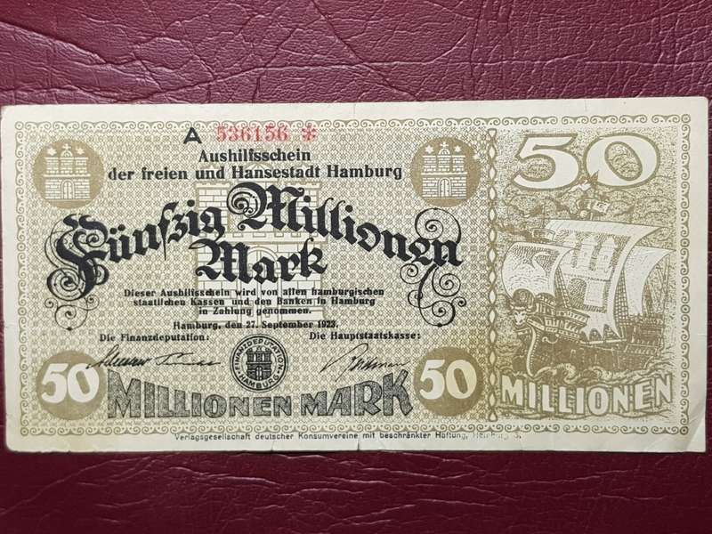 1923 Federal State of Hamburg (German Notgeld)  50 Million Mark, Replacement Star Note