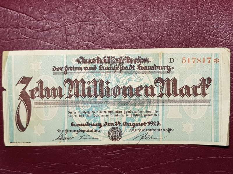 1923 Federal State of Hamburg (German Notgeld) 10 000 000 Mark