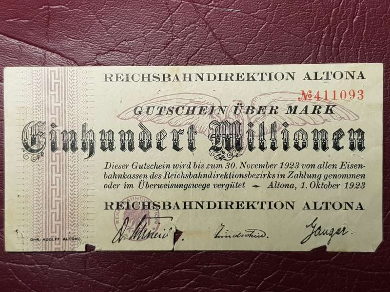 1923 City of Altona (Prussian Province of Schleswig-Holstein) 100 000 000 Mark Reichsbahndirektion