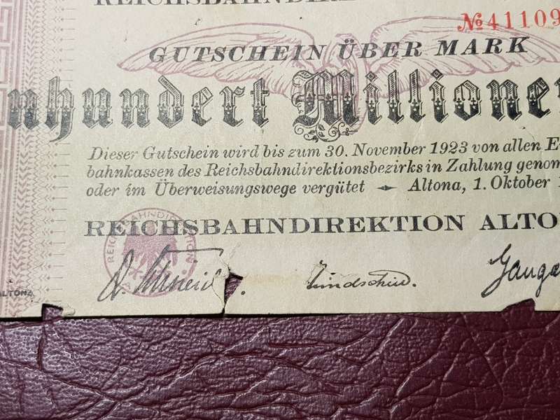 1923 City of Altona (Prussian Province of Schleswig-Holstein) 100 000 000 Mark Reichsbahndirektion