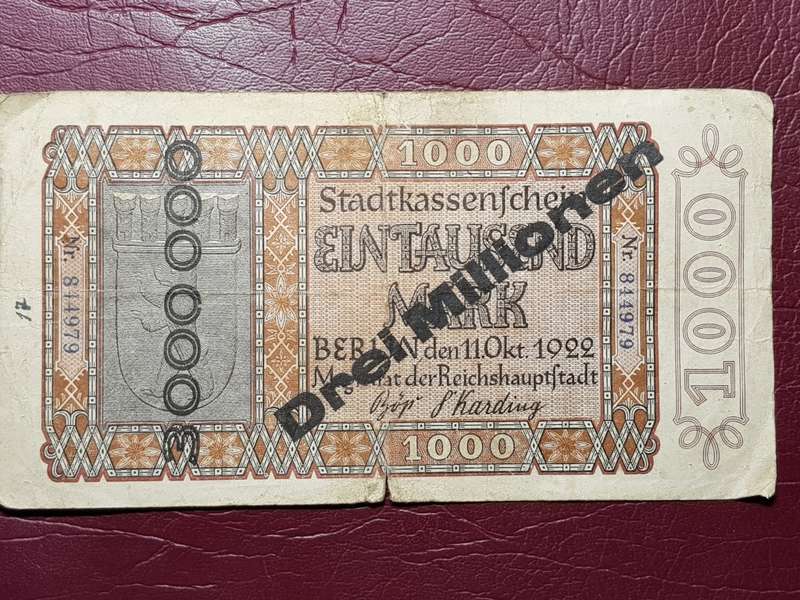 1922 Prussian Province of Berlin (German Notgeld) 3 000 000 Mark on 1 000 Mark