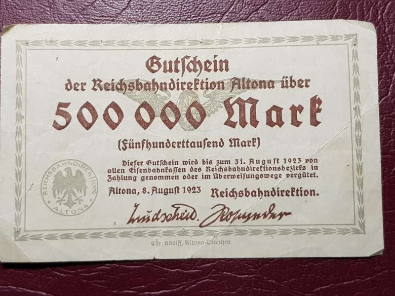 1923 City of Altona (Prussian Province of Schleswig-Holstein)  500 000 Mark Reichsbahndirektion