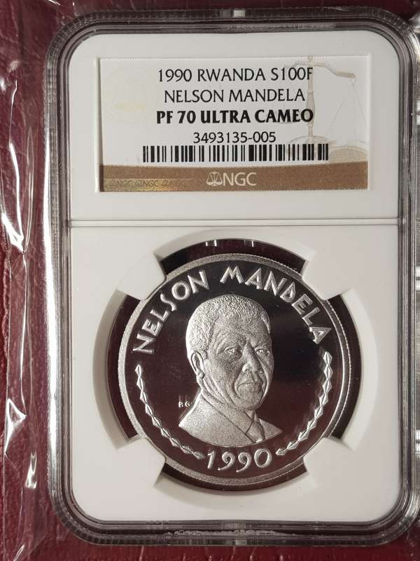 1990 Rwanda Silver 100F Nelson Mandela - NGC Graded PF 70 Ultra Cameo - Only 4 Graded POP 1