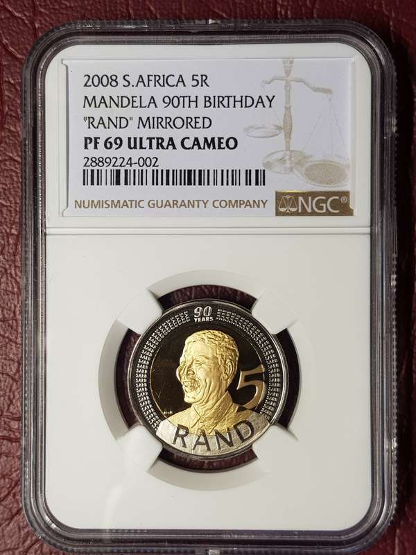 2008 RSA R5 - Mandela 90th Birthday `Rand` Mirrored - NGC Graded PF 69 Ultra Cameo