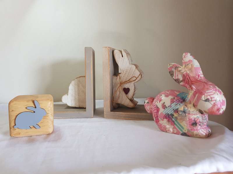 Collection of Bunny themed items! Book holders, Ceramic Bunny & Wooden Bunny Block