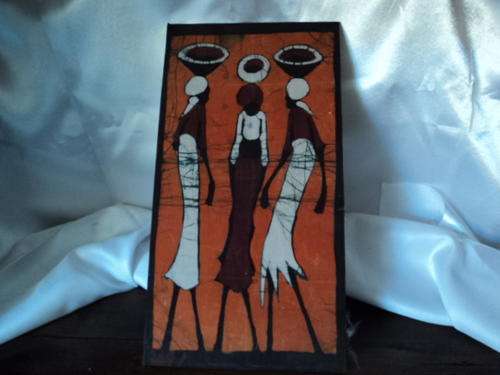STUNNING FABRIC AFRICAN HAND PAINTED PICTURE ON WOOD!!!!!