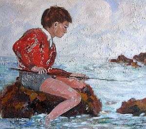 A large original oil painting - boy fishing - needs restoration or hang as characterful as is