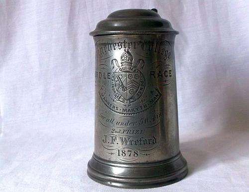 HISTORY AT YOUR FINGERTIPS !!! 1878 PEWTER TROPHY TANKARD WITH GLASS BOTTOM !! MUSEUM QUALITY !!