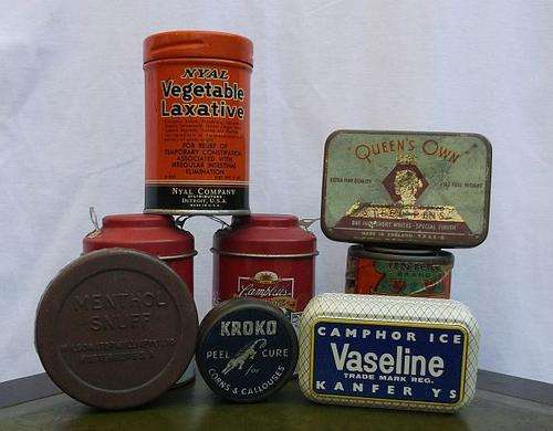 A CHARMING LITTLE COLLECTION OF VINTAGE TINS ...MEDICAL....ADVERTISING ...ETC...