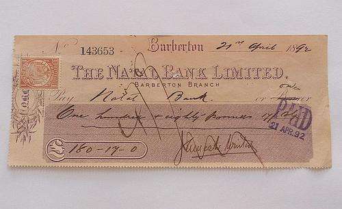 AWESOME !! A CHEQUE FROM "THE NATAL BANK LIMITED" DATED 1892 .....TOTALLY RARE !!!