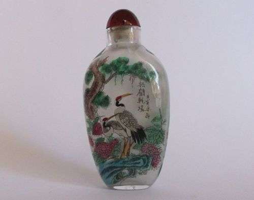A STUNNING CHINESE GLASS SNUFF BOTTLE WITH WILD BIRD AND FLORAL MOTIFS ...WOW !!