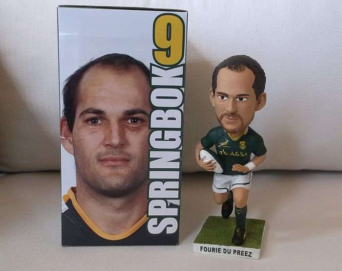 A CUTE RESIN TYPE BOBBLE HEAD CAST AS FOURIE DU PREEZ ...SA SPRINGBOK....GREAT DETAIL !!!