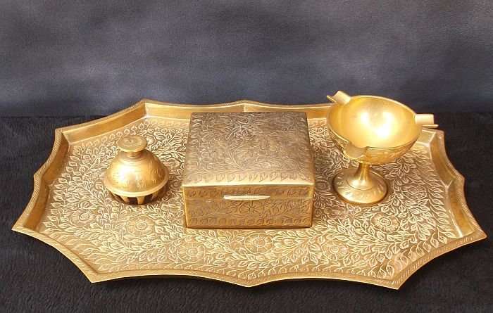 MADE IN BRITISH INDIA ...A RARE SOLID BRASS 4 PIECE SMOKERS SET