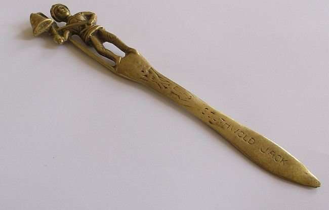 AN ANTIQUE BRASS / BRONZE LETTER OPENER WITH ""SOUTHWOLD JACK"" MOTIF ...INTERESTING FIND !!