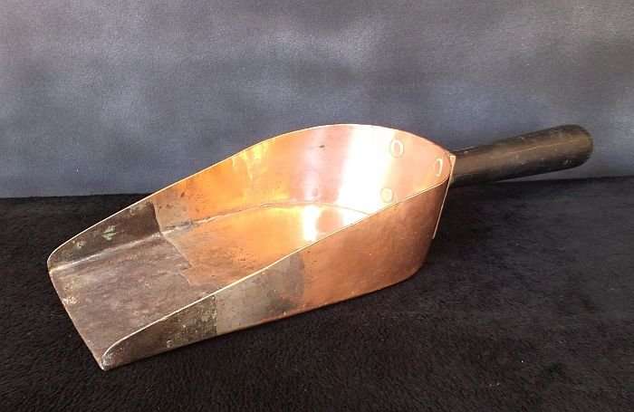AN OLD COPPER AND ADDED METAL COAL SCOOP ....