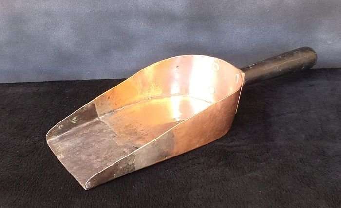 AN OLD COPPER AND ADDED METAL COAL SCOOP ....