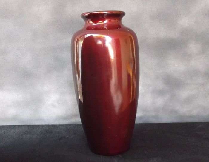A VINTAGE JAPANESE VASE WITH ABALONE INLAY AND HAND PAINTED DETAIL OVER LACQUER / ENAMEL ?