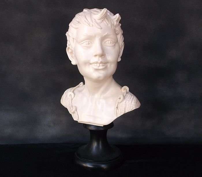 A LARGE RESIN BUST OF A YOUNG BOY ON A PLINTH SIGNED A. SANTINI - TOP CLASS !!!
