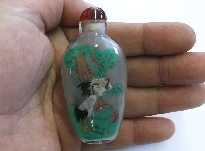 A FANTASTIC ORIENTAL GLASS SNUFF BOTTLE WITH WILD BIRD , BAMBOO AND FORREST DECORATION ...SWEET !!