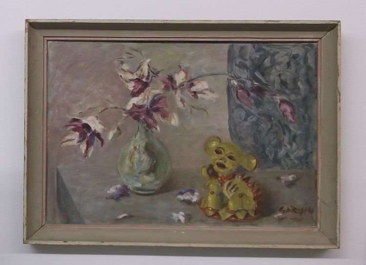 AN INTRIGUING ORIGINAL STILL LIFE OIL ON BOARD OF A TEDDY AND FLOWERS SIGNED BY THE ARTIST GARVIN...