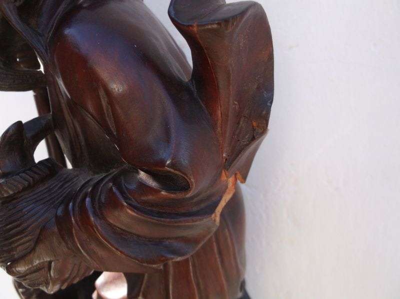 A RARE ORIENTAL ANTIQUE HAND CARVED WOODEN STATUE OF A FISHERMAN WITH HIS APPRENTICE ...AWESOME !!!!