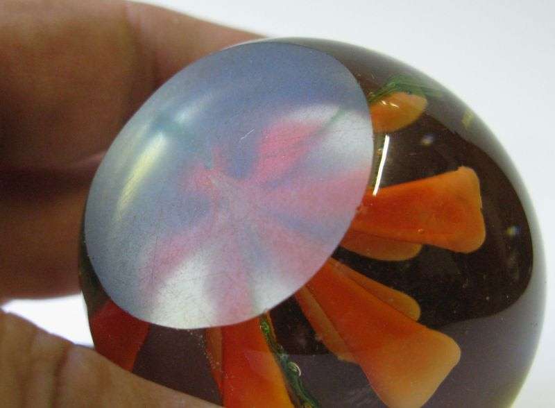 STUNNING !! A VINTAGE SOLID GLASS PAPERWEIGHT WITH ORANGE FLORAL DETAIL ...WOW !!