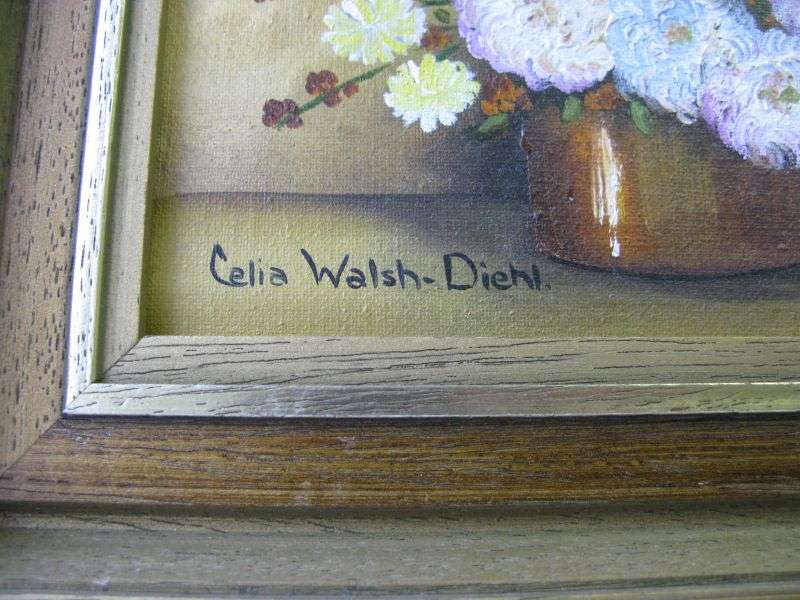 WOW !! AN ORIGINAL OIL ON BOARD PAINTING DEPICTING A FLORAL ARRANGEMENT BY CELIA WALSH-DIEHL