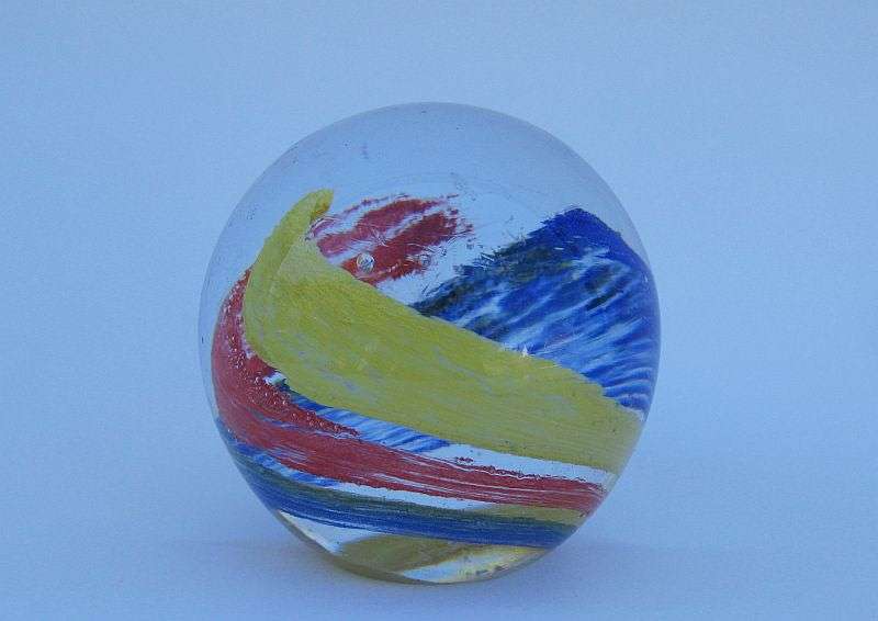 NICE !! A VERY COOL LOOKING VINTAGE SOLID GLASS PAPERWEIGHT WITH COLORFUL SWIRLS ...WOW !!