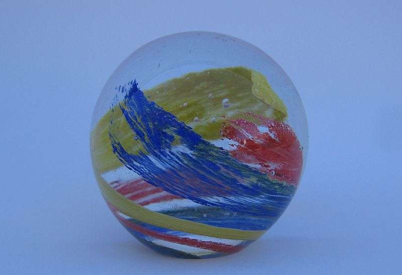 NICE !! A VERY COOL LOOKING VINTAGE SOLID GLASS PAPERWEIGHT WITH COLORFUL SWIRLS ...WOW !!