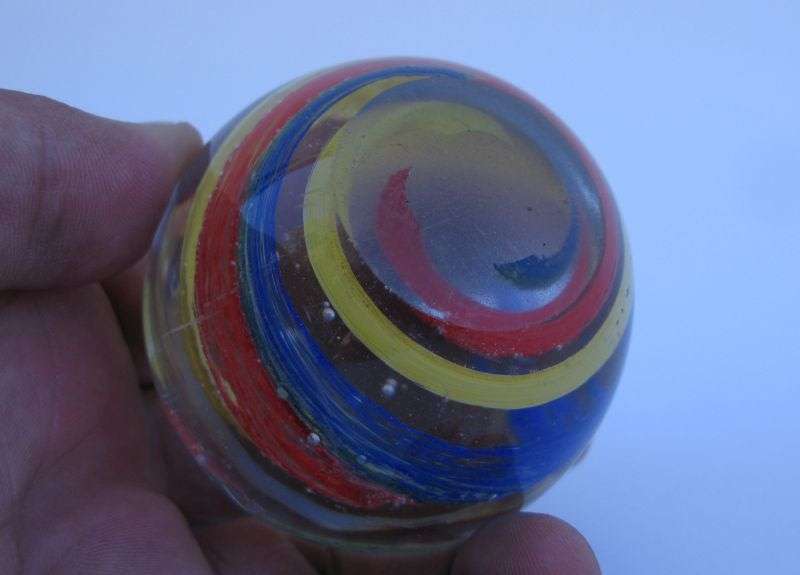 NICE !! A VERY COOL LOOKING VINTAGE SOLID GLASS PAPERWEIGHT WITH COLORFUL SWIRLS ...WOW !!