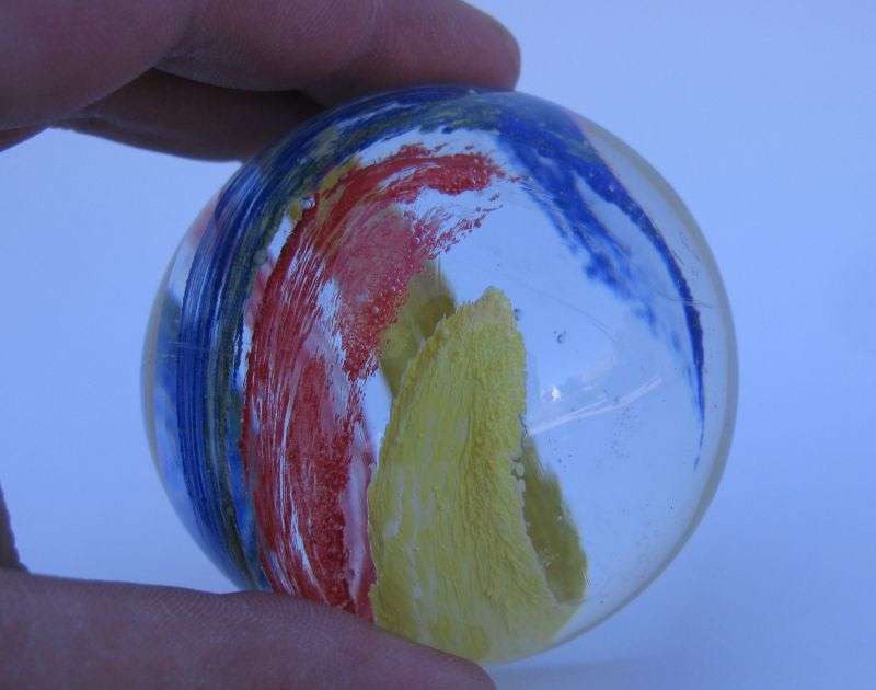 NICE !! A VERY COOL LOOKING VINTAGE SOLID GLASS PAPERWEIGHT WITH COLORFUL SWIRLS ...WOW !!