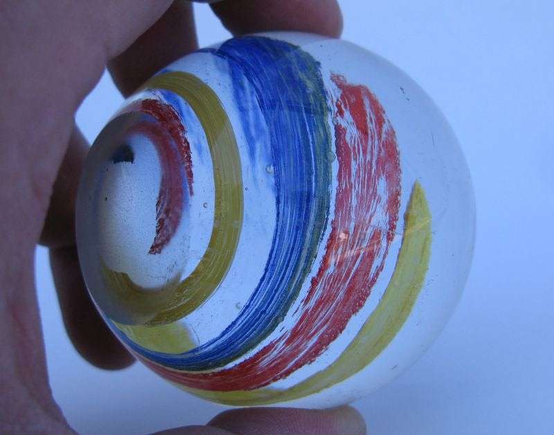 NICE !! A VERY COOL LOOKING VINTAGE SOLID GLASS PAPERWEIGHT WITH COLORFUL SWIRLS ...WOW !!