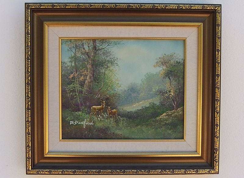 AN OUTSTANDING ORIGINAL OIL ON BOARD SIGNED R DANFORD DEPICTING A FORREST WITH DEER !! WOW !!