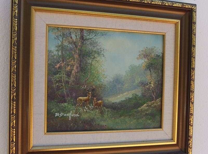 AN OUTSTANDING ORIGINAL OIL ON BOARD SIGNED R DANFORD DEPICTING A FORREST WITH DEER !! WOW !!